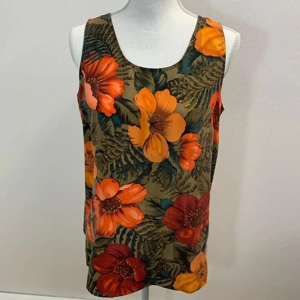 Rafaella Womans Silk Top Tank Small Sleeveless Orange Floral Print Light m34